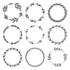 Set of hand drawn floral wreaths. Round frames. Good for invitation, greeting cards, quotes, wedding design. Vector illustration isolated on white background.