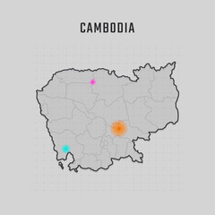 Map of Cambodia with all states and radar spot on map. Each city has separately for your design. Vector Illustration