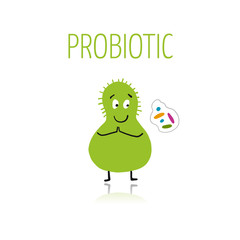 Funny and scary bacteria characters isolated on white. Vector icons of gut and intestinal flora, germs, virus.