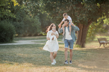 Naklejka na ściany i meble Young beautiful family walks in the park. Family portrait in the sunset light. Summer picnic.