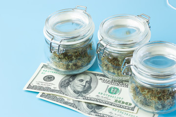 Background with marijuana buds in jars, medical cannabis use in healthcare concept. Weed business industry