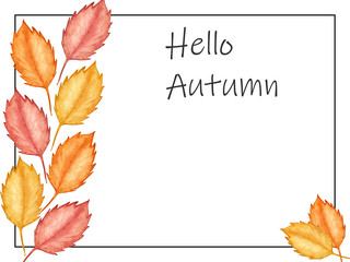 Watercolor hand painted nature autumn season border frame with red, orange and yellow fall leaves bouquet with hello autumn text on the white background for invite and greeting card