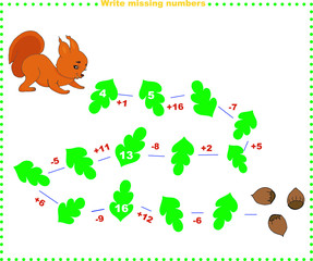 Math educational games for children. Fill in the line, write the missing numbers. Solve the equation and help the squirrels find the nuts. mathematical activity for preschoolers and toddlers.  