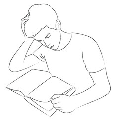 A sketch of a guy who is sitting at a table and reading a book