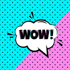 WOW Comic speech bubble on colored polka dot background. Comic sound effect in pop art style. Vector illustration