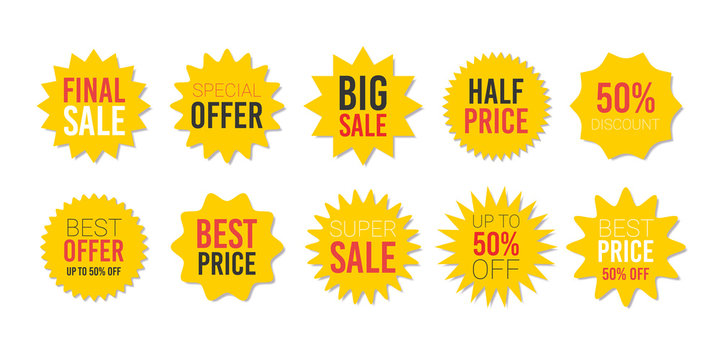 Yellow sale starburst sticker set - star edge round labels and badges with best offer and discount signs.