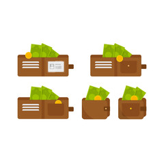 This is a set of wallets with money on white background.