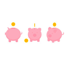 A set of a piggy bank with coins in flat style on white background. 