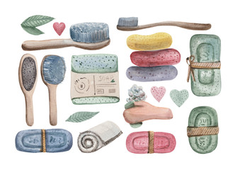Watercolor hygienic set of bath accessories. Consists of craft soap, toothbrush, hairbrush and brush, towel.