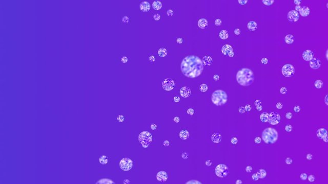 Flying many clear crystal spheres on purple background. Shine transparent, Colorful glass. 3D animation of shiny ball rotating. Loop animation.