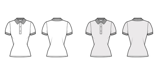 Polo shirt technical fashion illustration with cotton-jersey short sleeves, close fit, buttons along the front. Flat outwear apparel template front, back, white grey color. Women men unisex top mockup