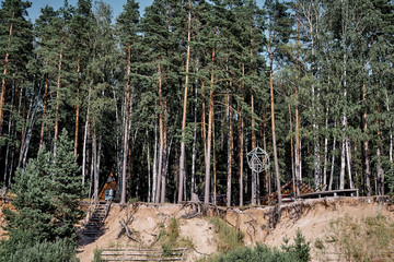 Dense pine forest with Forest wooden cozy houses in the background