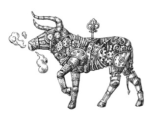 Mechanical bull. Hand drawn vector steampunk animal