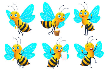 Cartoon bee character set and bee with honey