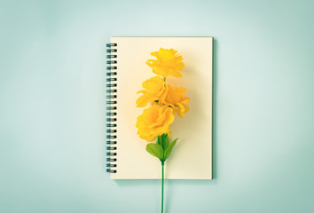 Spiral Notebook or Spring Notebook in Unlined Type and Orange Flowers at Center on Blue Pastel Minimalist Background. Spiral Notebook Mockup on Center Frame in Vintage Tone