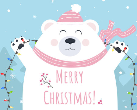 Polar bear and mery christmas vector print for postcard