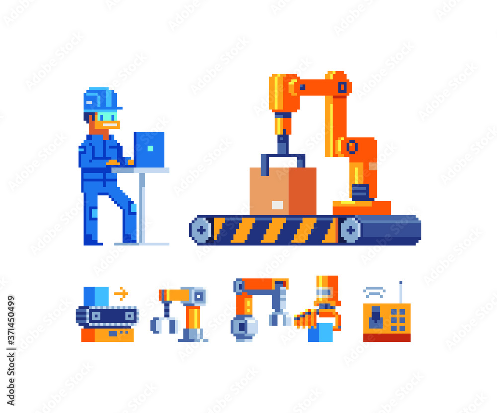 Poster technology factory. working man using a computer manages robotiс machine. intelligent factory. pixel