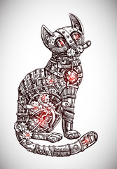 Mechanical cat. Hand drawn vector illustration.