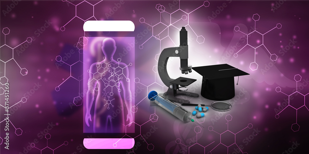 Poster 3d rendering virus testing microscope with syringe with pill