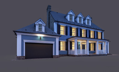 3d rendering of modern cozy classic house in colonial style with garage and pool for sale or rent in night. Isolated on black.