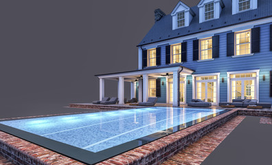3d rendering of modern cozy classic house in colonial style with garage and pool for sale or rent in night. Isolated on black.