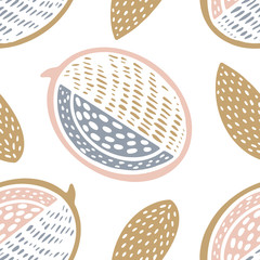 Seamless color stamp pattern with fruits almonds and mango, melon on white background. Great for fabric, textile, wrapping paper.