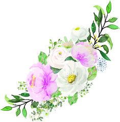 Vintage pink and white flowers bouquet with green leaves painting watercolor illustration vector for artwork decoration