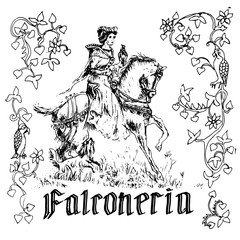 Vintage vector drawing in the style of medieval engraving. The Latin inscription is falconry. A girl rides a horse and holds a Falcon on her hand The frame is made of an old ornament. Hand-drawn