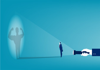 Businessman looking at his own strong personality shadow from flashlight concept vector - obrazy, fototapety, plakaty