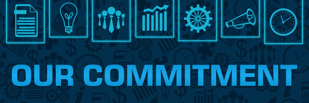 Our Commitment Blue Neon Business Symbols On Top Horizontal 
