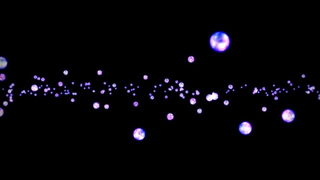 Flying many clear crystal spheres on black background. Shine transparent, Colorful glass. 3D animation of shiny ball rotating. Loop animation.