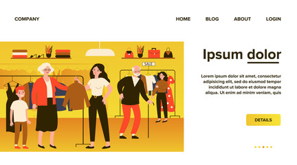 Senior people choosing clothes in fashion store. Old couple, customer, shop assistant flat vector illustration. Clothing, shopping, sale concept for banner, website design or landing web page