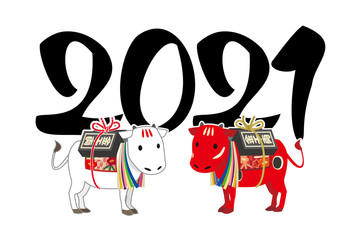 年賀状素材2021年の数字と赤と白の牛