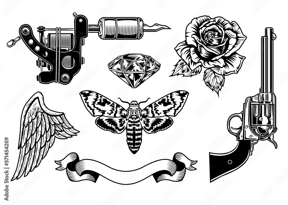 Wall mural retro black tattoo line art set. vintage gun, rose, revolver, ribbon, diamond clipart isolated on wh