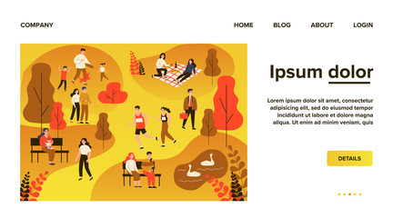People walking in park, jogging and eating at picnic flat vector illustration. Family playing with dog. Couple sitting at bench near pond and looking at swans. Summer and leisure concept
