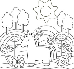 Cute simple kids coloring book with unicorn, nature and flowers. Outline on a white background, vector illustration.