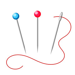 Pins and needle with red thread for hand sewing with white background flat vector.