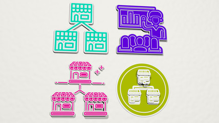 FRANCHISE colorful set of icons - 3D illustration for business and editorial