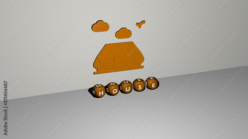 Poster house 3d icon on the wall and text of cubic alphabets on the floor - 3d illustration for building an