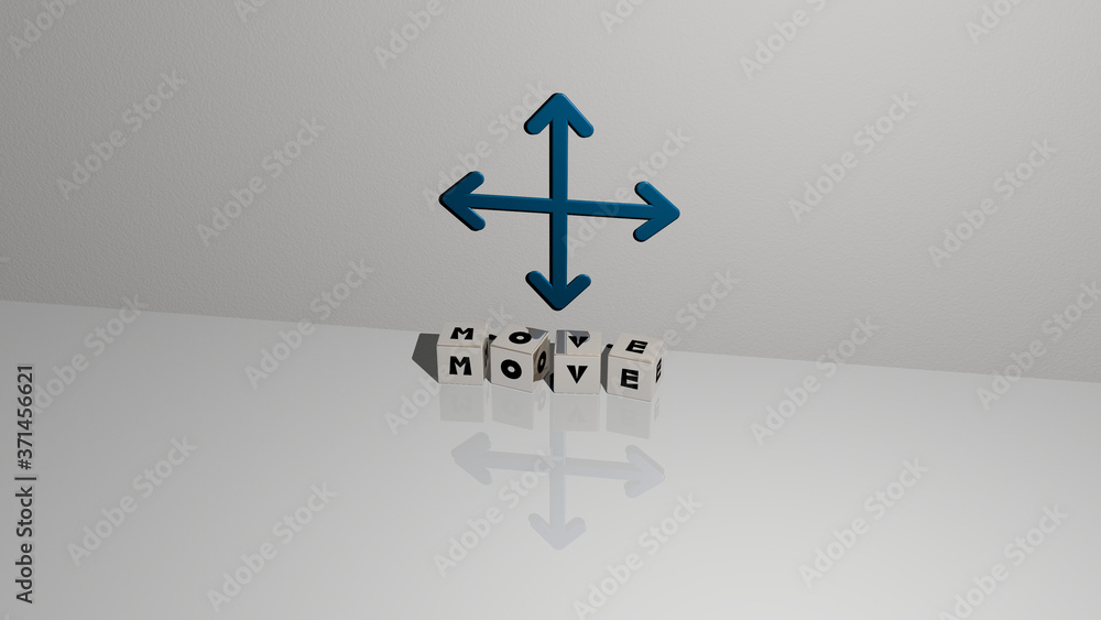Poster move text of cubic dice letters on the floor and 3d icon on the wall - 3d illustration for backgroun
