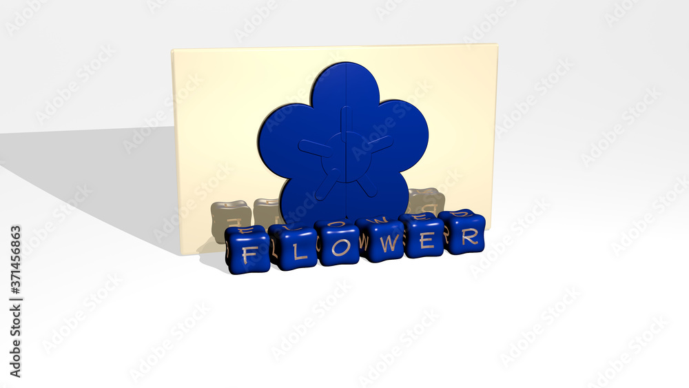 Poster 3d graphical image of flower vertically along with text built by metallic cubic letters from the top