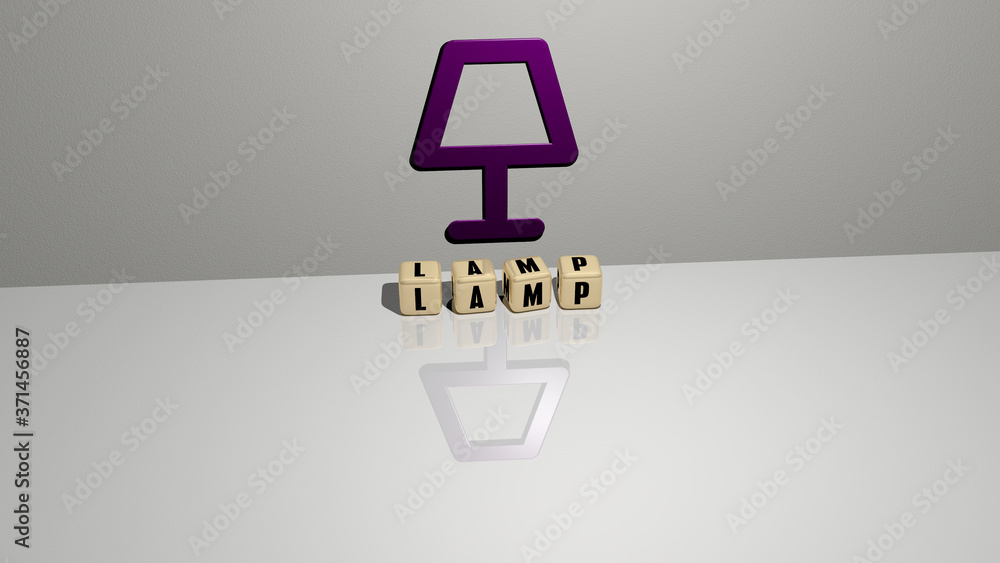 Poster lamp text of cubic dice letters on the floor and 3d icon on the wall - 3d illustration for backgroun