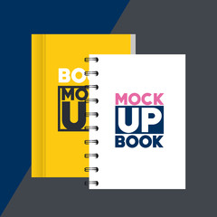 corporate identity branding mockup, mockup with book and notebook of covers yellow and white color vector illustration design