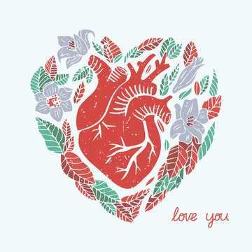 Love you. Hand-drawn illustration featuring anatomical heart and flowers.