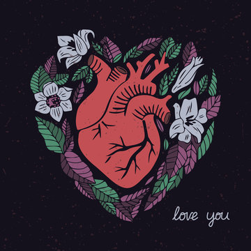 Love you. Hand-drawn illustration featuring anatomical heart and flowers.