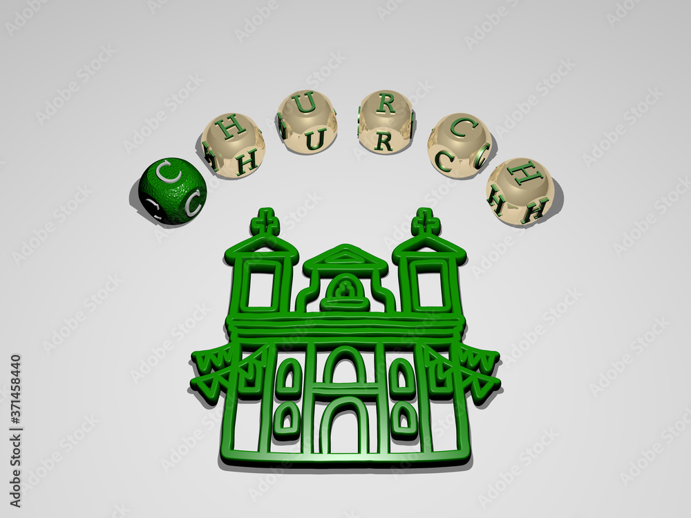 Poster church circular text of separate letters around the 3d icon - 3d illustration for architecture and b