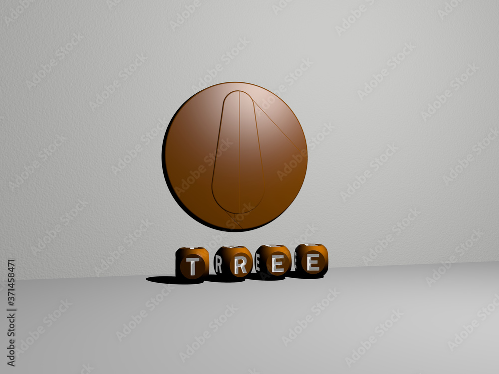 Poster tree 3d icon on the wall and text of cubic alphabets on the floor - 3d illustration for background a