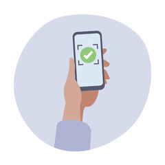 Hand holding smartphone with virtual augmented reality check.Vector illustration of hand holding smartphone with flat design series.