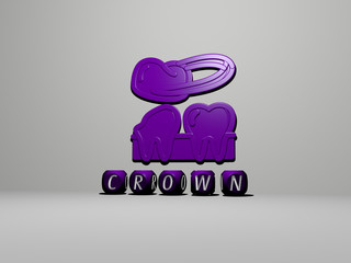 CROWN 3D icon on the wall and text of cubic alphabets on the floor - 3D illustration for background and design