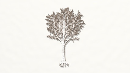 Fototapeta premium TREE WITH BRANCHES AND ROOTS on the wall. 3D illustration of metallic sculpture over a white background with mild texture for christmas and beautiful